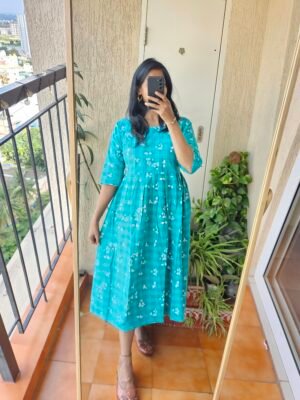 Rama Green floral checks cotton frock.