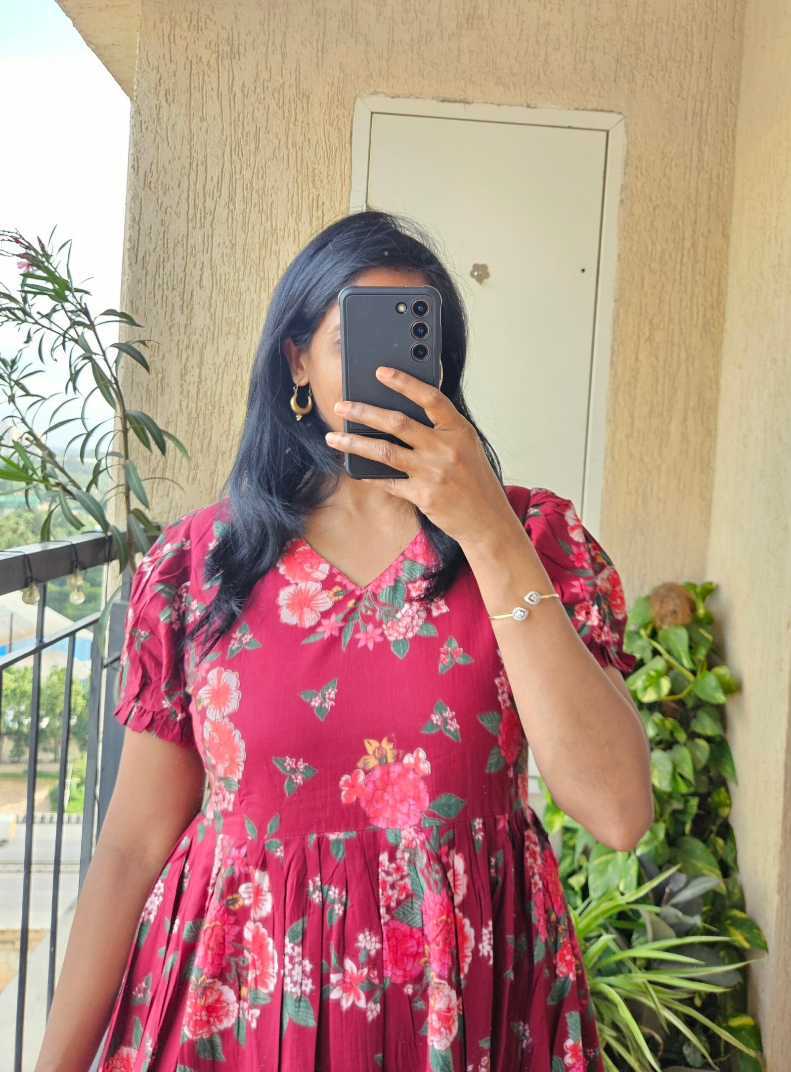 Maroon floral cotton frock. - Image 2