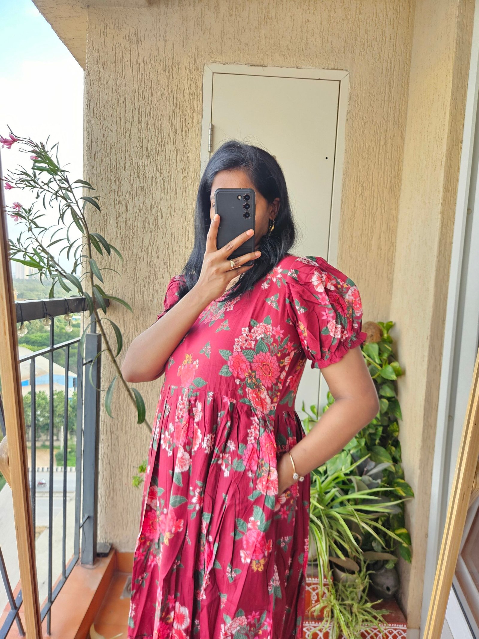 Maroon floral cotton frock. - Image 4