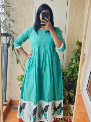 Sea green  butterfly cotton kurta.