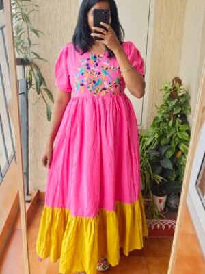 Embroidery parrot dual shade cotton gown