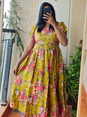 Mustard green floral cotton frock.