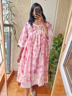 Pink tie and dye Mul cotton embroidery dress.