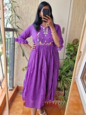 Purple mul cotton embroidery dress.