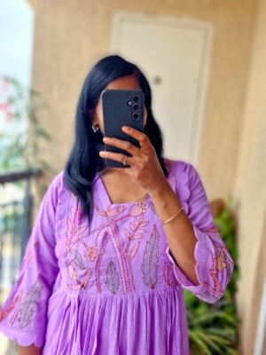 Lilac crushed mul cotton Kantha work dress