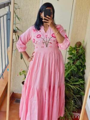 Pink Mul cotton embroidery dress.