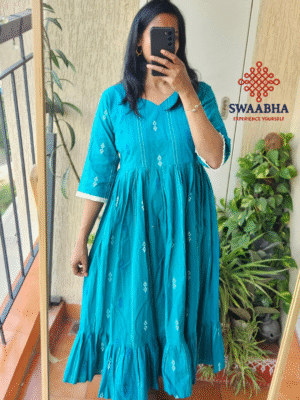 Peacock blue Jamdhani dress.