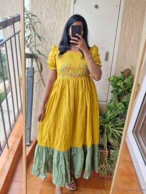 Mustard yellow Olive green dual shade casual dress.