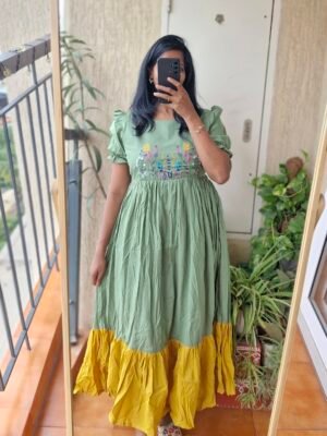 Olive green and Mustard yellow casual dress