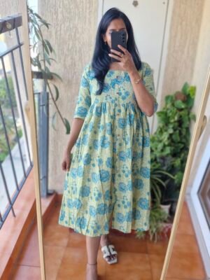 Pista green/blue floral Midi cotton dress.