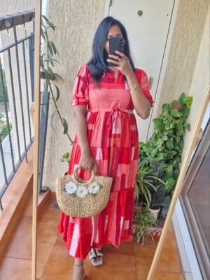 Red&Pink Multi Solid rayon dress.