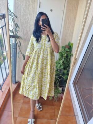 Mustard green cotton midi dress.