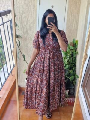 Kalamkari print Solid Rayon adjustable waist dress