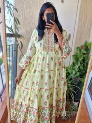 Lemon yellow mul cotton dress.