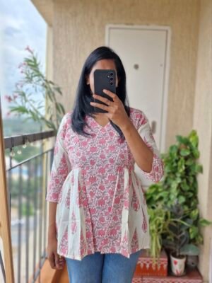 Pink block print short kurta.