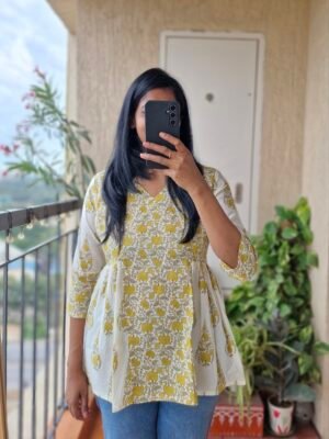 Mustard block print short kurta.
