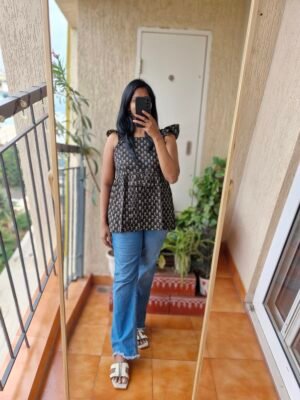 Black block print peplum top