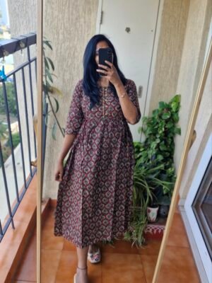 Dark Marron block print feeding cotton dress.