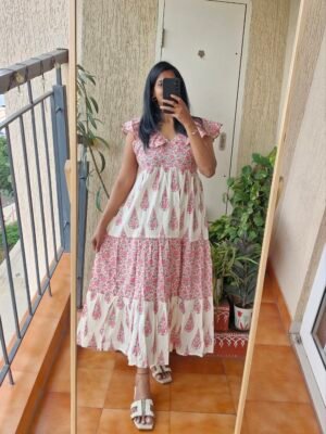 La La Long Cream/pink block print cotton dress.