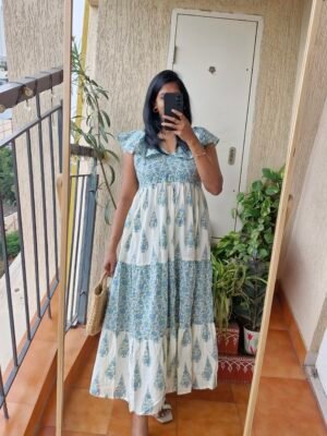 La La Long Cream/blue block print cotton Dress.