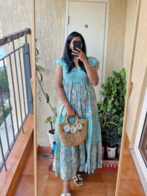 La La Long Sky blue floral maxi cotton dress