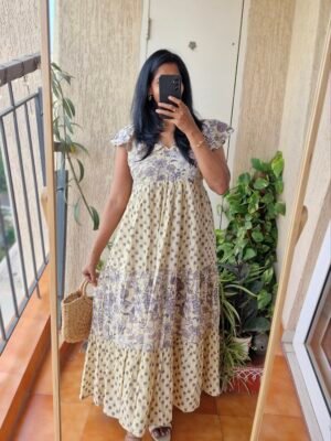 La La Long Cream/purple floral maxi cotton dress.