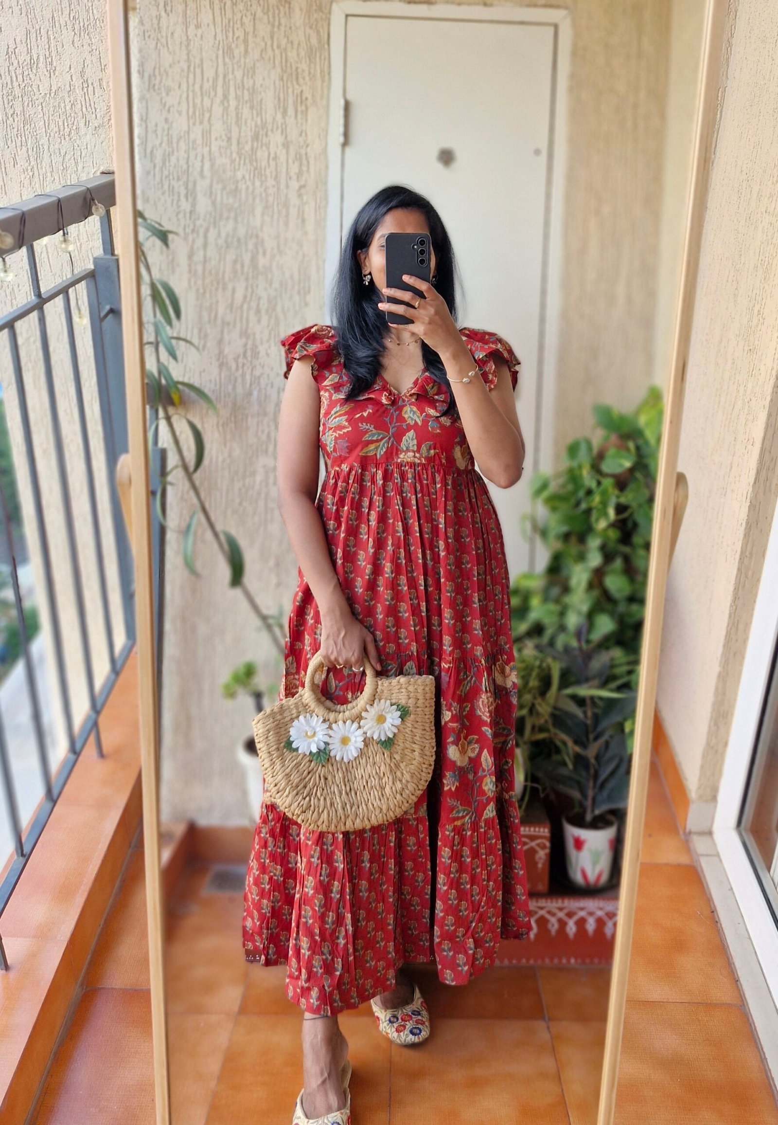 La La Long Red floral cotton Maxi dress