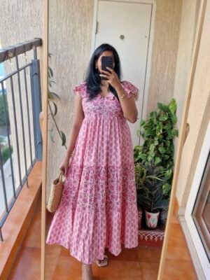 La La Long Baby pink block print maxi cotton dress.