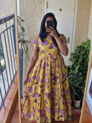 Mustard Purple Tussar silk Kalamkaari dress.