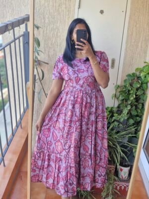 Lilac floral Tussar Kalamkari dress.