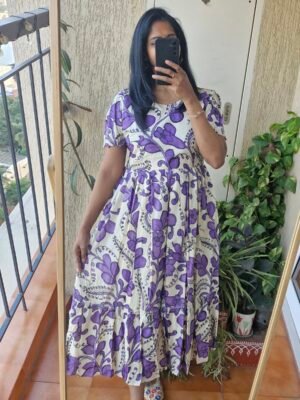 Half white purple floral Tussar silk kalamkaari dress.