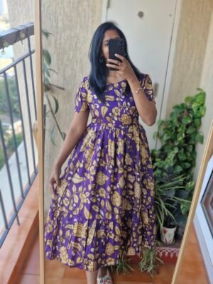 Purple floral Tussar Kalamkaari Dress.