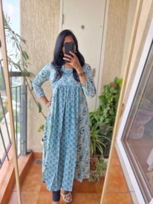 Sky blue floral full sleeve cotton kurta.