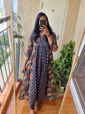 Navy blue floral cotton full sleeve kurta dress