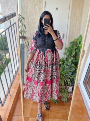 Kalamkaari hakoba pink cotton dress.