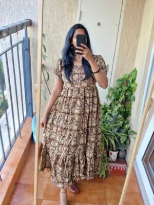 Kalamkaari brown floral cotton dress.