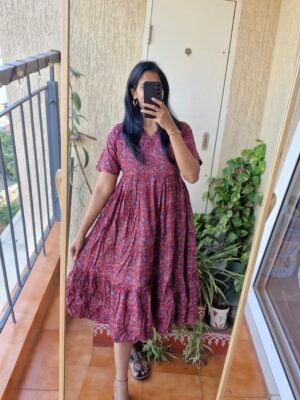 Maroon Ajrakh cotton dress.
