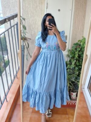 Ice blue embroidery casual cotton dress.