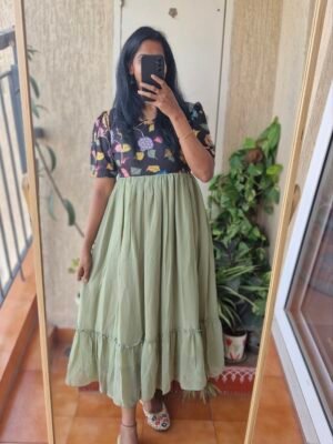 Olive green Tussar x Georgette Kalamkaari dress.