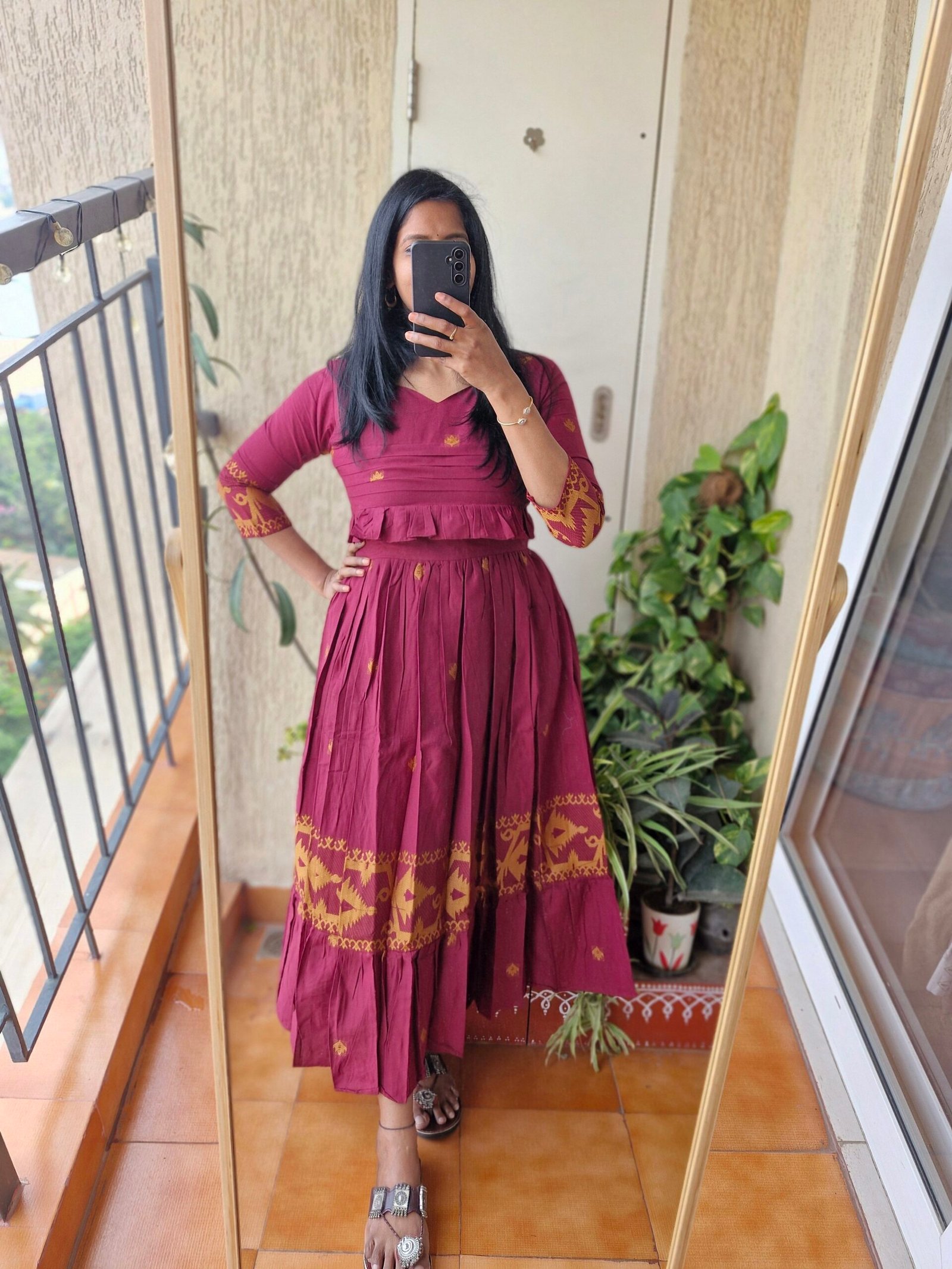 Maroon Jamdhaani frill dress.