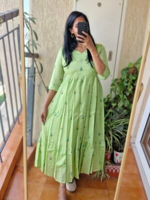 Green flower Mul chanderi dress.