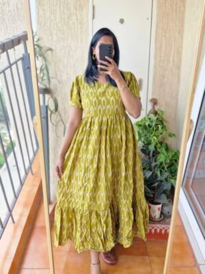 Kalamkaari methi green cotton dress.