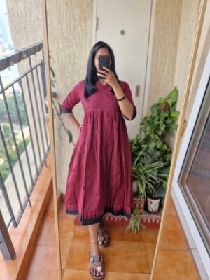 Maroon black Mangalgiri cotton kurti dress.