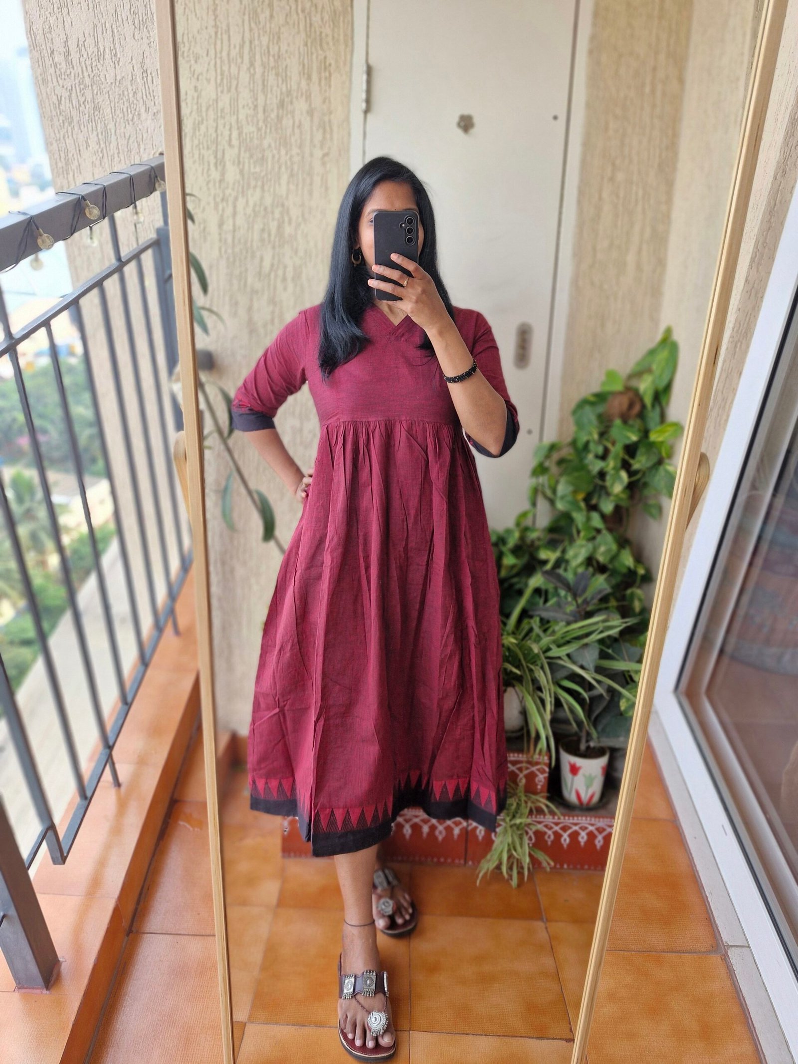 Maroon black Mangalgiri cotton kurti dress.