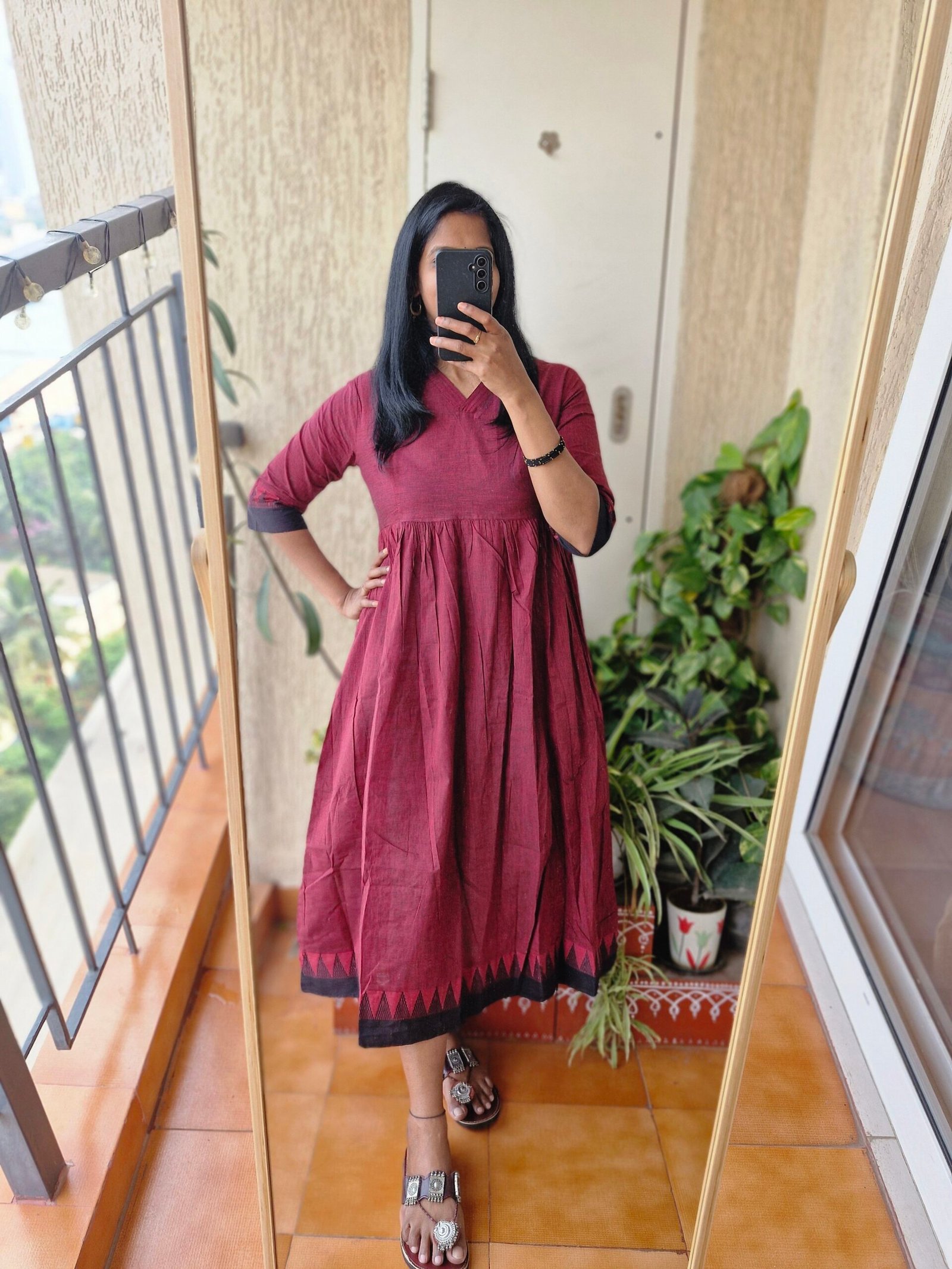 Maroon black Mangalgiri cotton kurti dress. - Image 3