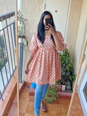 Peach block print cotton tunic top.