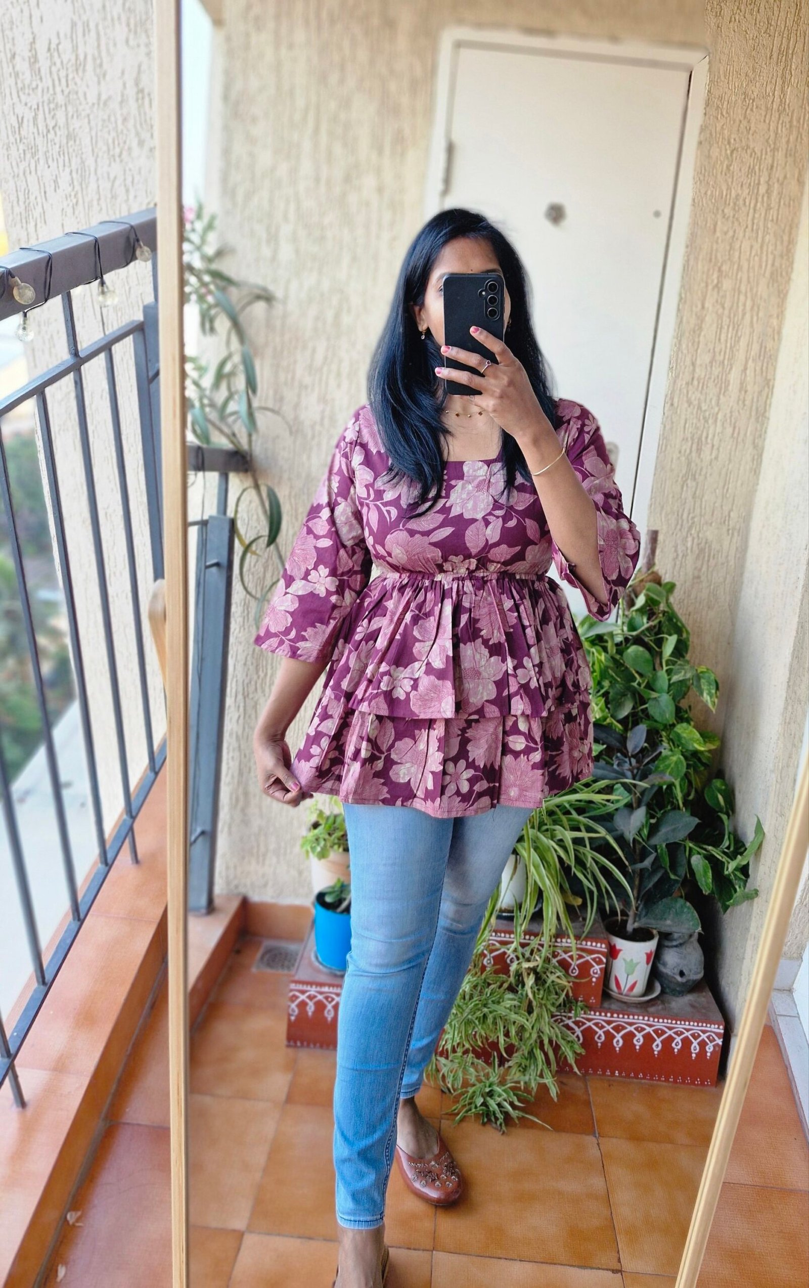 Magenta floral cotton ruffle top.