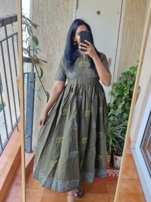 Olive green Khaadi cottton Elephant dress