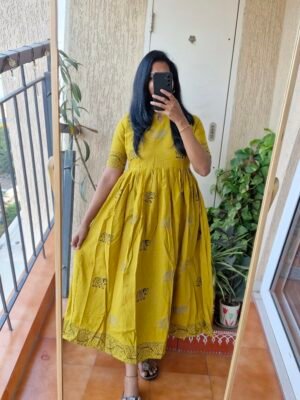Mustard khaadi cotton elephant dress.