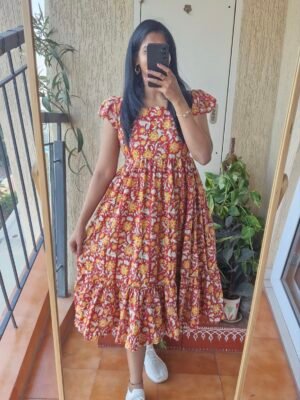 Red floral bagru block print cotton dress.